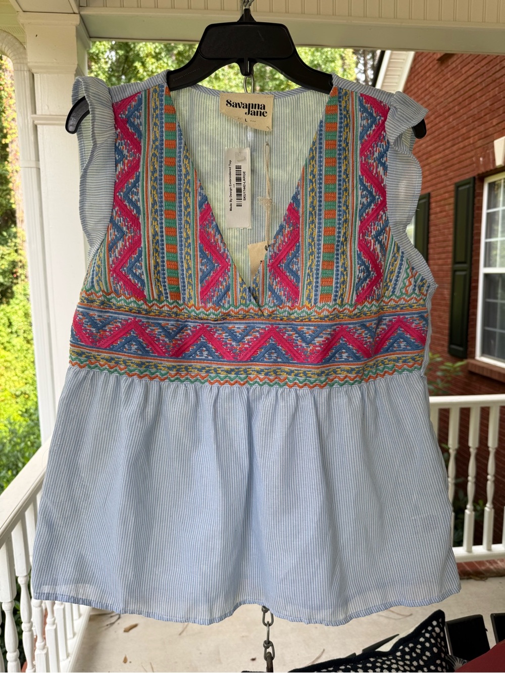 Savanna Jane Light Blue Embroidered V-Neck Peplum Tunic